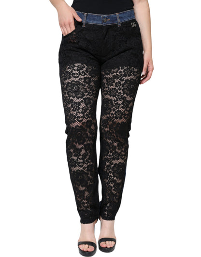 Dolce &amp; Gabbana – Schwarze Skinny-Jeans mit Blumenmuster und Spitzenfront