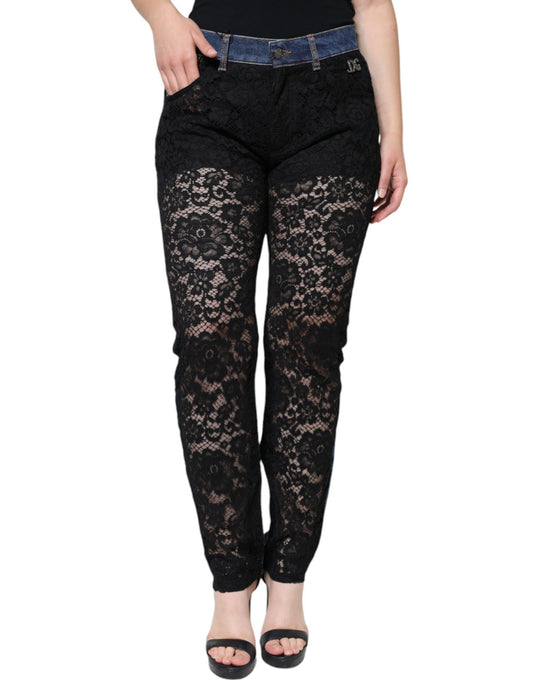 Dolce &amp; Gabbana – Schwarze Skinny-Jeans mit Blumenmuster und Spitzenfront