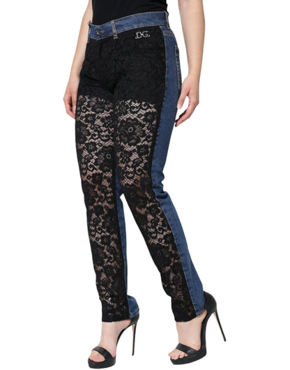 Dolce &amp; Gabbana – Schwarze Skinny-Jeans mit Blumenmuster und Spitzenfront