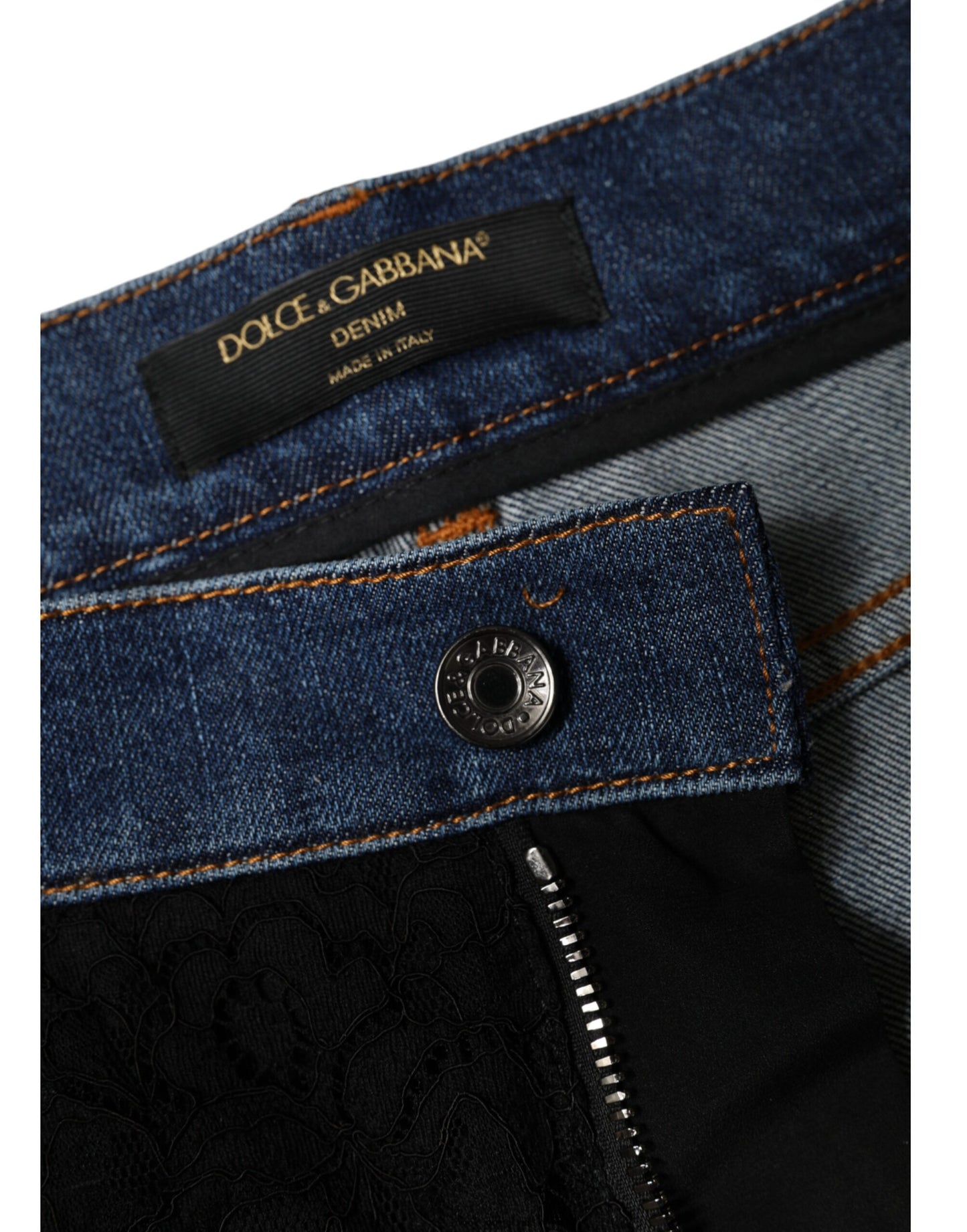 Dolce &amp; Gabbana – Schwarze Skinny-Jeans mit Blumenmuster und Spitzenfront