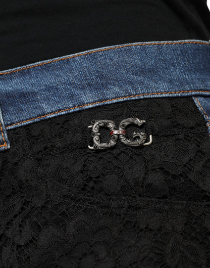 Dolce &amp; Gabbana – Schwarze Skinny-Jeans mit Blumenmuster und Spitzenfront