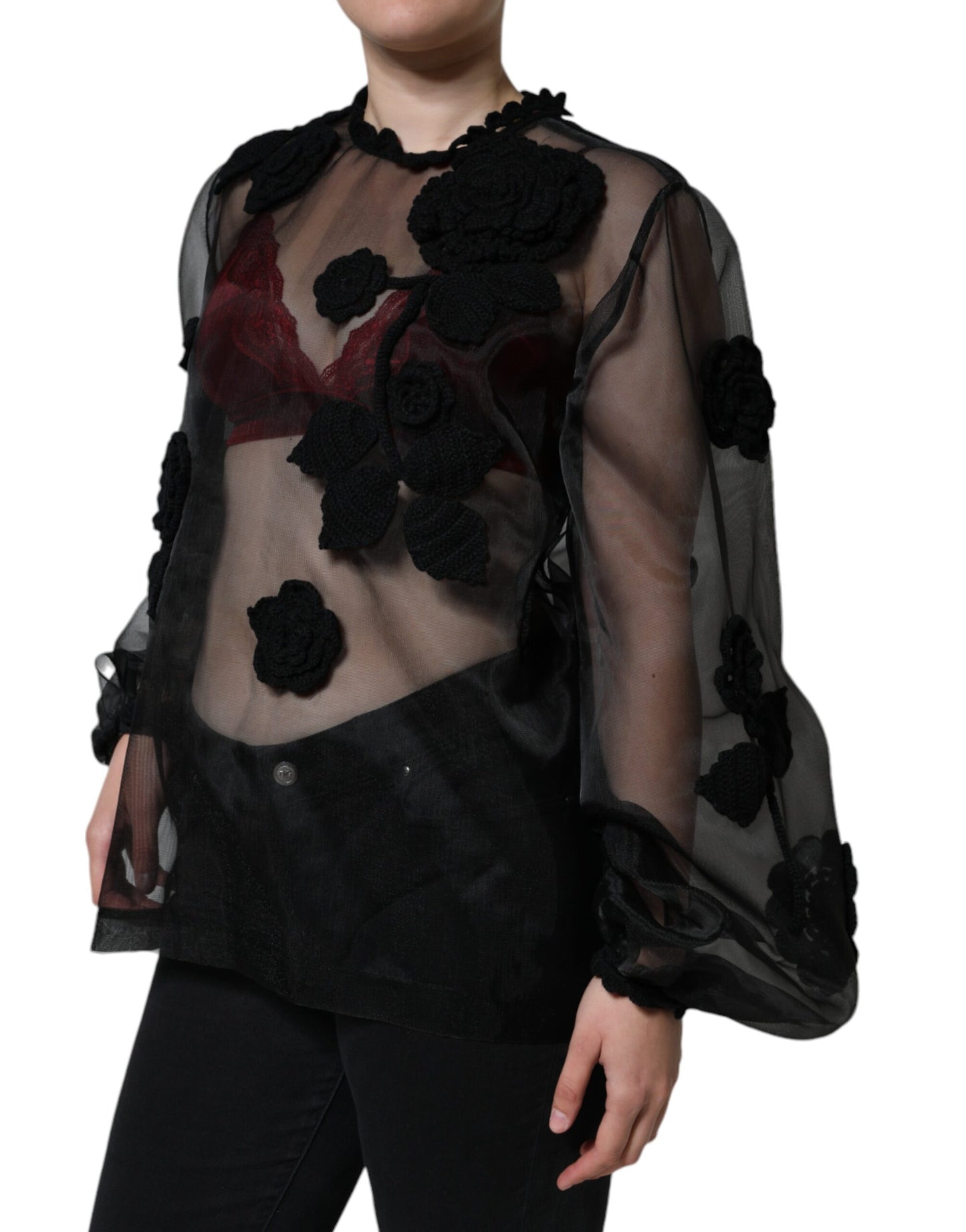 Dolce &amp; Gabbana Schwarze transparente Bluse aus Nylonnetz mit Blumenmuster