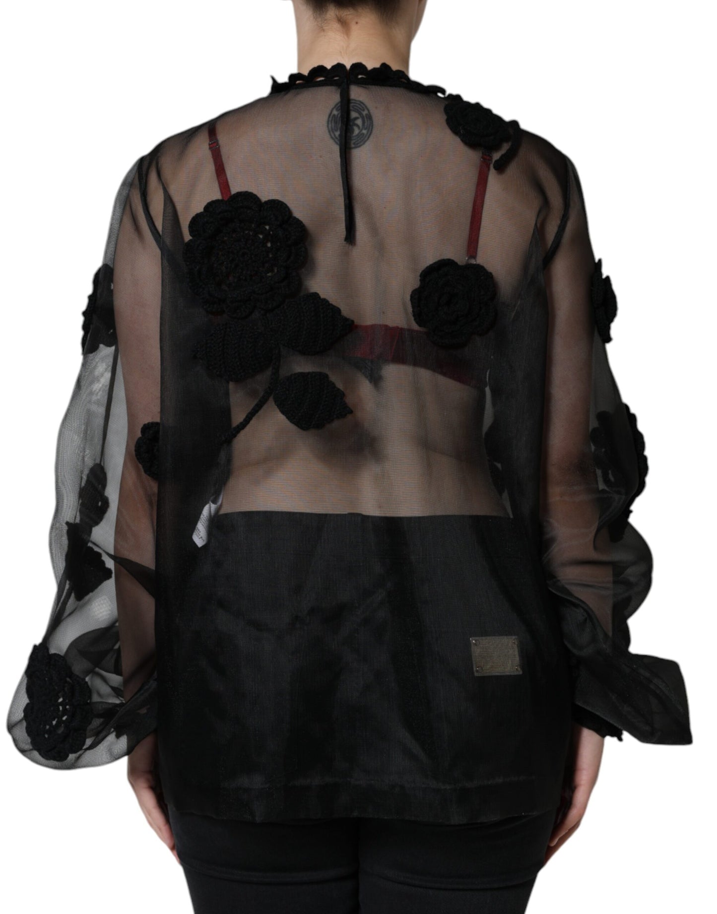 Dolce &amp; Gabbana Schwarze transparente Bluse aus Nylonnetz mit Blumenmuster