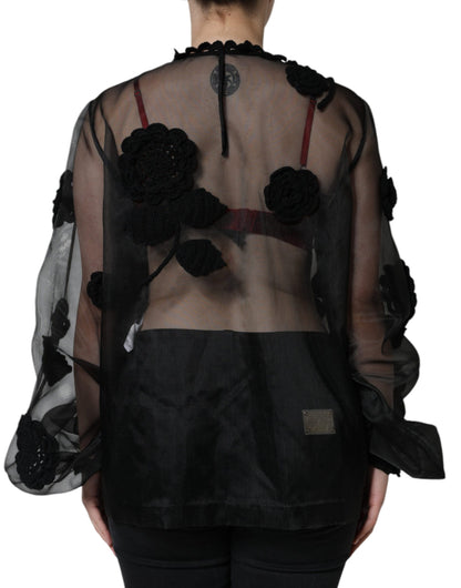 Dolce &amp; Gabbana Schwarze transparente Bluse aus Nylonnetz mit Blumenmuster