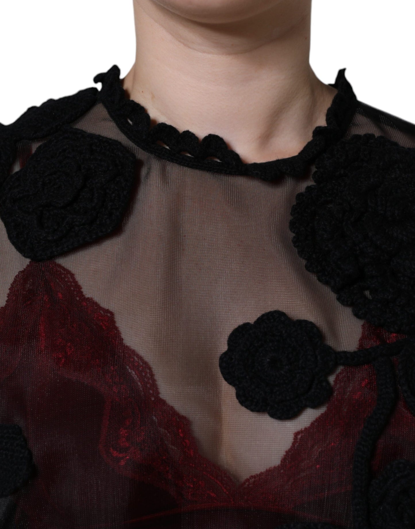 Dolce &amp; Gabbana Schwarze transparente Bluse aus Nylonnetz mit Blumenmuster
