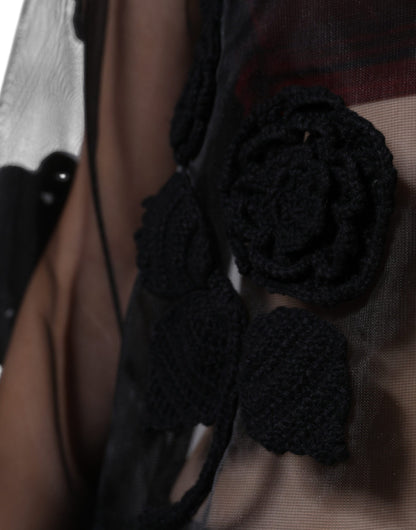 Dolce &amp; Gabbana Schwarze transparente Bluse aus Nylonnetz mit Blumenmuster