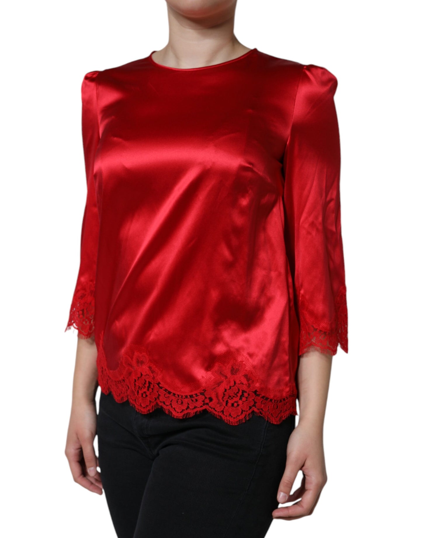 Dolce &amp; Gabbana, Bluse mit Rundhalsausschnitt, rotes Satin-Spitzenbesatz