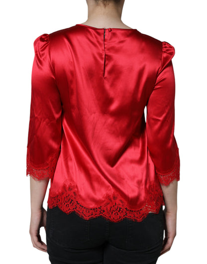 Dolce &amp; Gabbana, Bluse mit Rundhalsausschnitt, rotes Satin-Spitzenbesatz