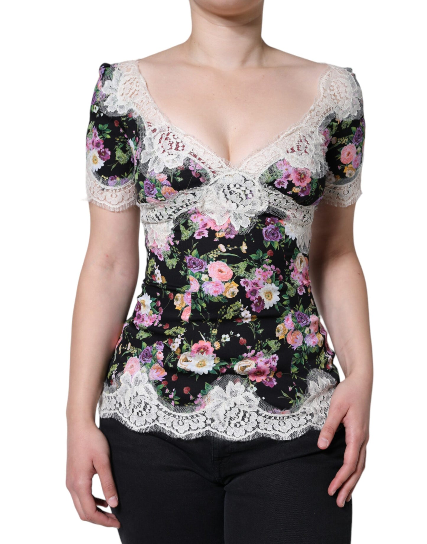 Dolce &amp; Gabbana – Schwarze Bluse mit Blumenspitze und kurzen Ärmeln