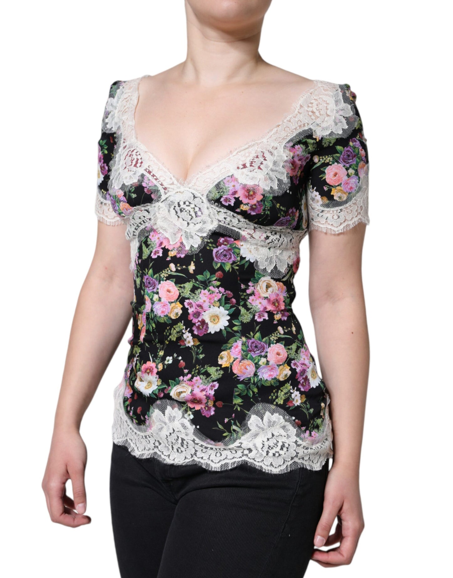Dolce &amp; Gabbana – Schwarze Bluse mit Blumenspitze und kurzen Ärmeln