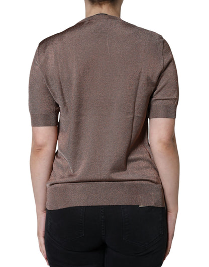 Dolce &amp; Gabbana – Kurzärmliges Oberteil aus Viskose mit Blumenapplikation in Braun