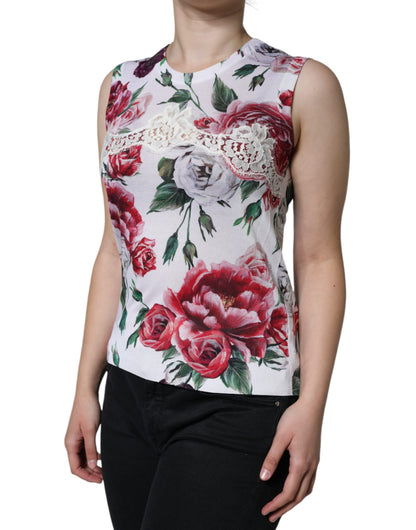 Dolce &amp; Gabbana Weißes ärmelloses Seiden-Tanktop mit Blumenspitze