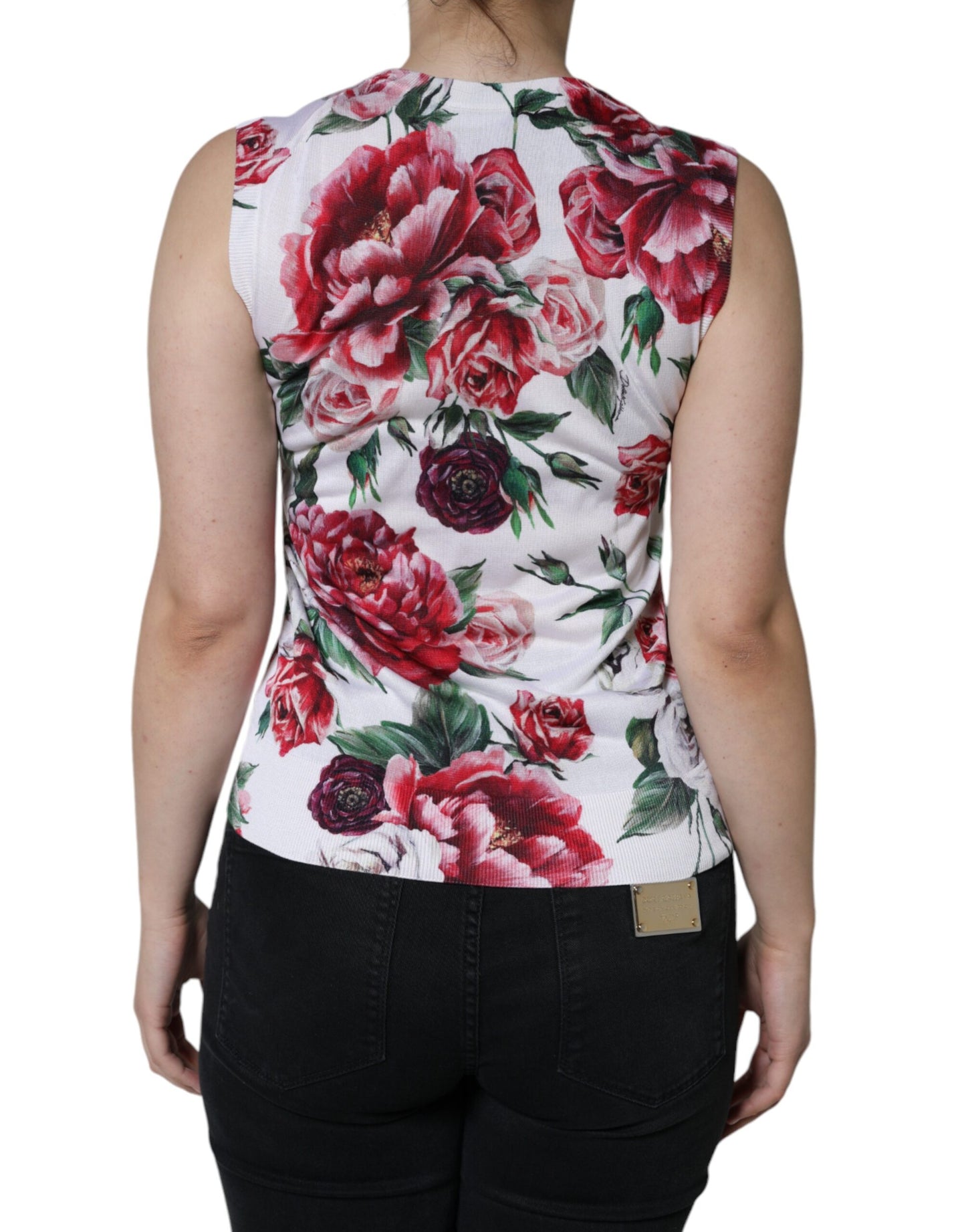 Dolce &amp; Gabbana Weißes ärmelloses Seiden-Tanktop mit Blumenspitze