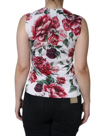 Dolce &amp; Gabbana Weißes ärmelloses Seiden-Tanktop mit Blumenspitze