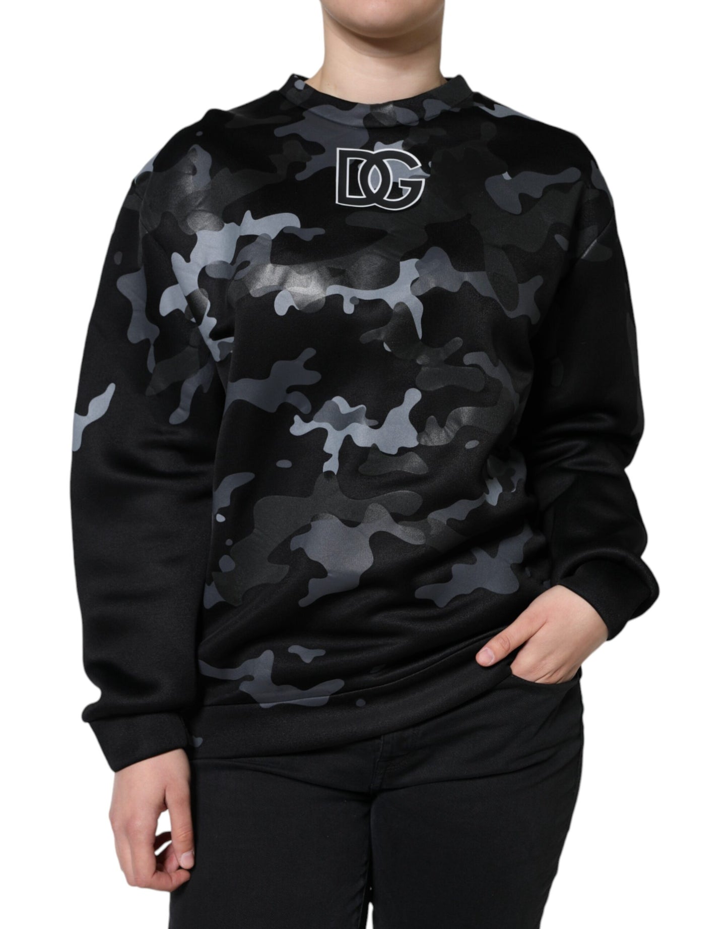 Dolce &amp; Gabbana Schwarzer Camouflage-Sweatshirtpullover mit Rundhalsausschnitt