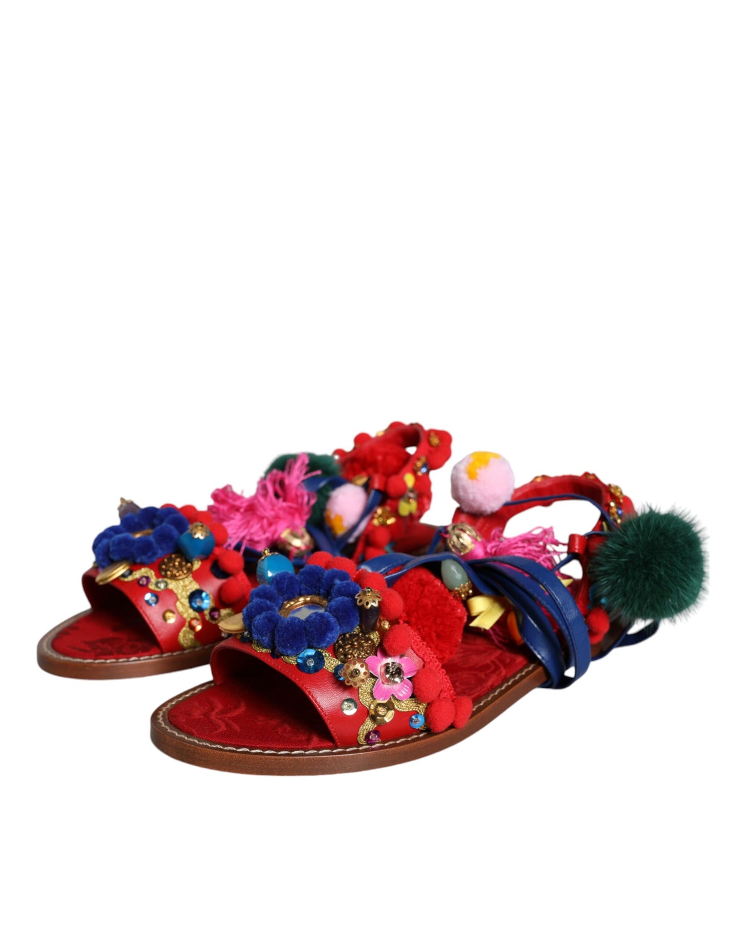 Dolce &amp; Gabbana – Sandalen mit Fellwickel in Mehrfarbig mit Pom-Pom-Muster