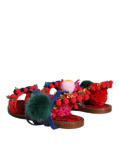 Dolce &amp; Gabbana – Sandalen mit Fellwickel in Mehrfarbig mit Pom-Pom-Muster