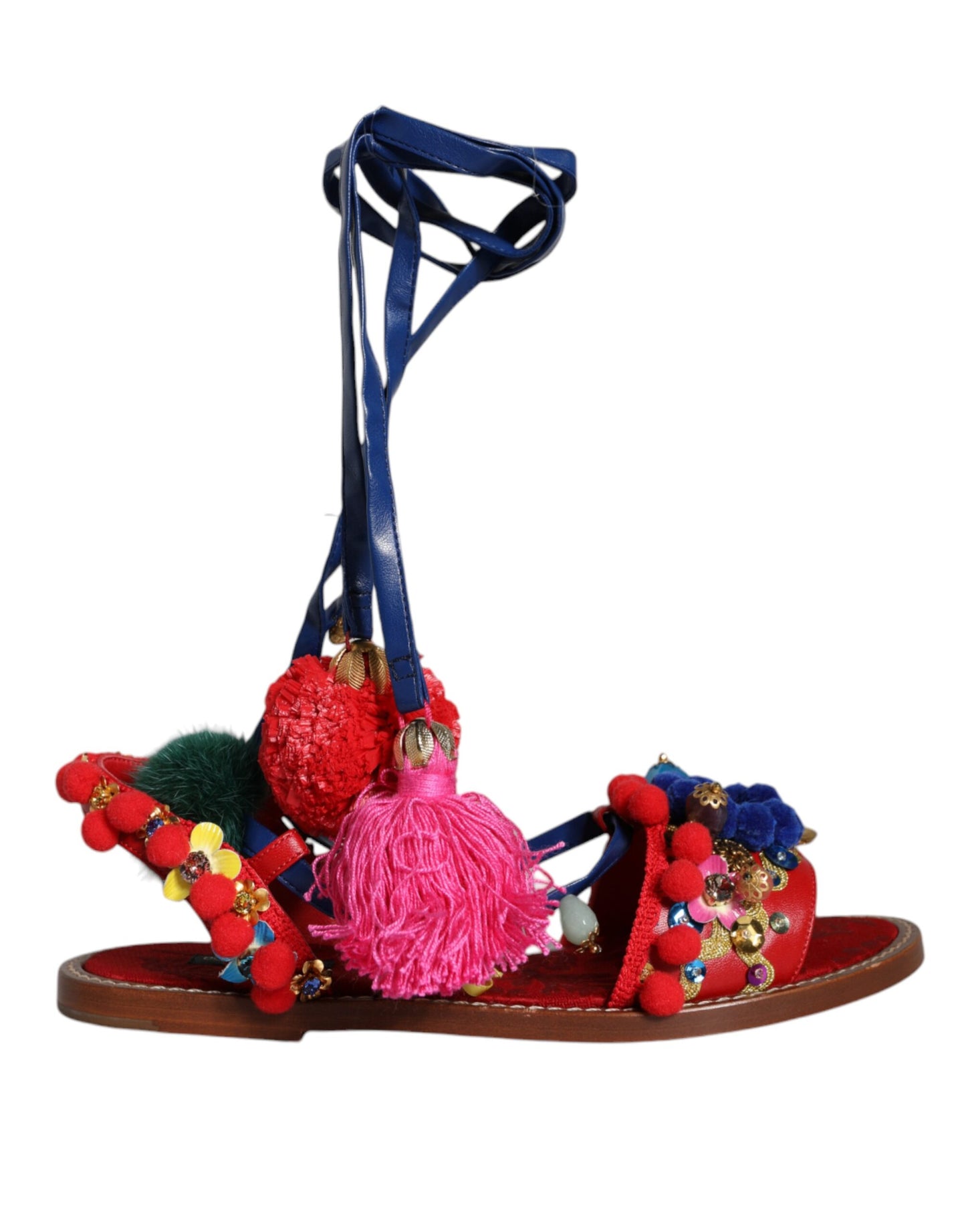 Dolce &amp; Gabbana – Sandalen mit Fellwickel in Mehrfarbig mit Pom-Pom-Muster