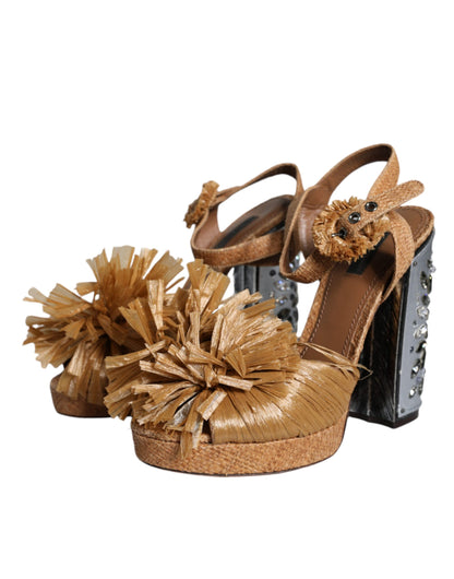 Dolce &amp; Gabbana Braun Raffia Knöchelriemen Kristall Sandalen Schuhe