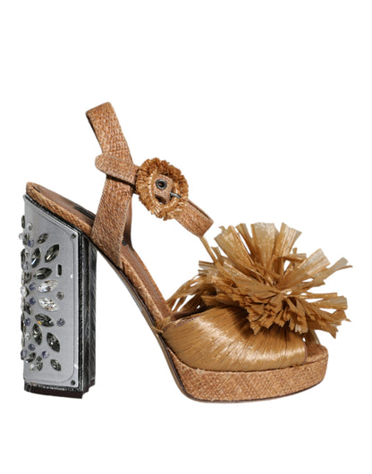 Dolce &amp; Gabbana Braun Raffia Knöchelriemen Kristall Sandalen Schuhe