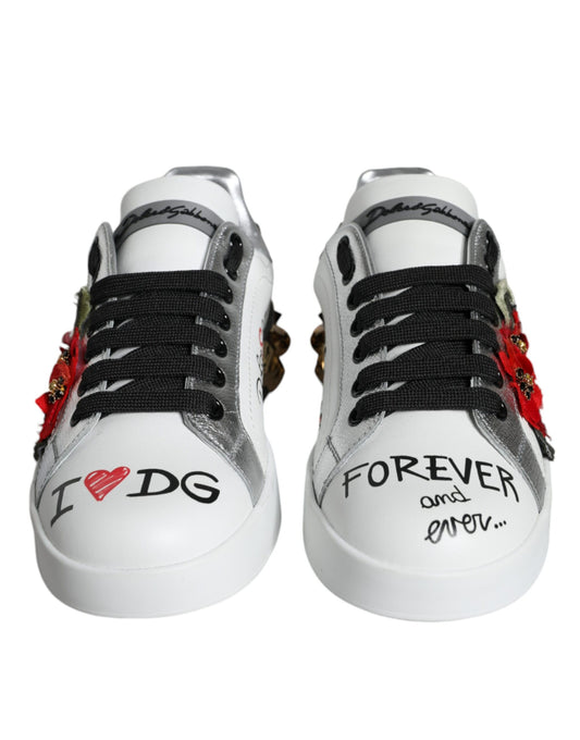 حذاء سنيكرز دولتشي آند غابانا أبيض من الجلد مرصع بالزهور