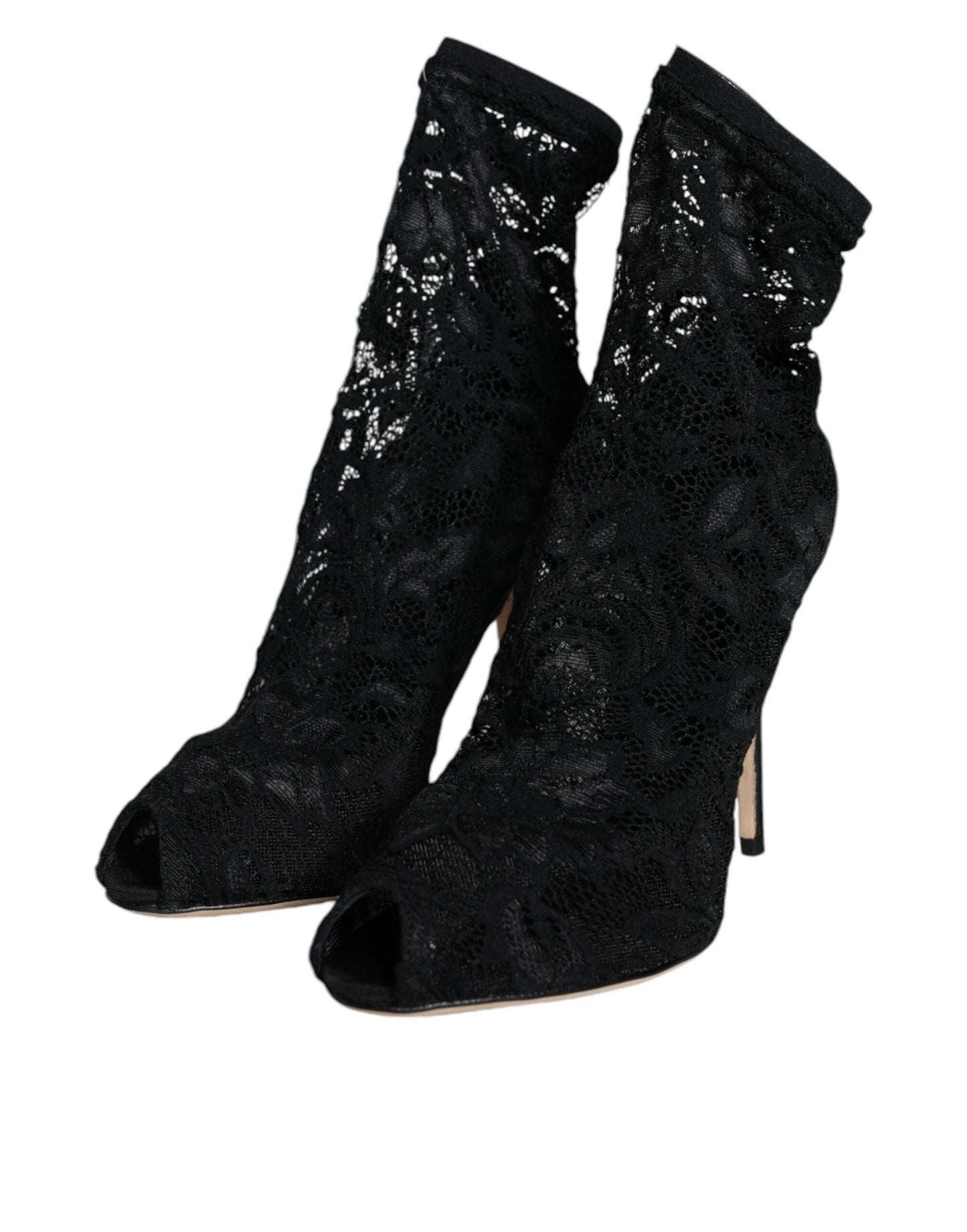 Dolce &amp; Gabbana – Wadenhohe Stiefel mit Stretch-Absatz und schwarzer Spitze