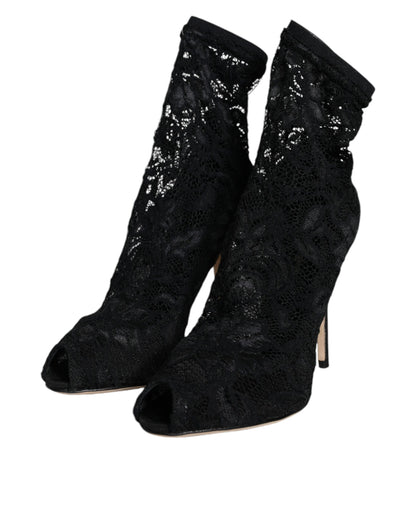 Dolce &amp; Gabbana – Wadenhohe Stiefel mit Stretch-Absatz und schwarzer Spitze