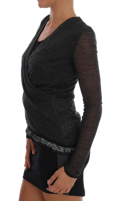 قميص Ermanno Scervino رمادي من الصوف والدانتيل بأكمام طويلة