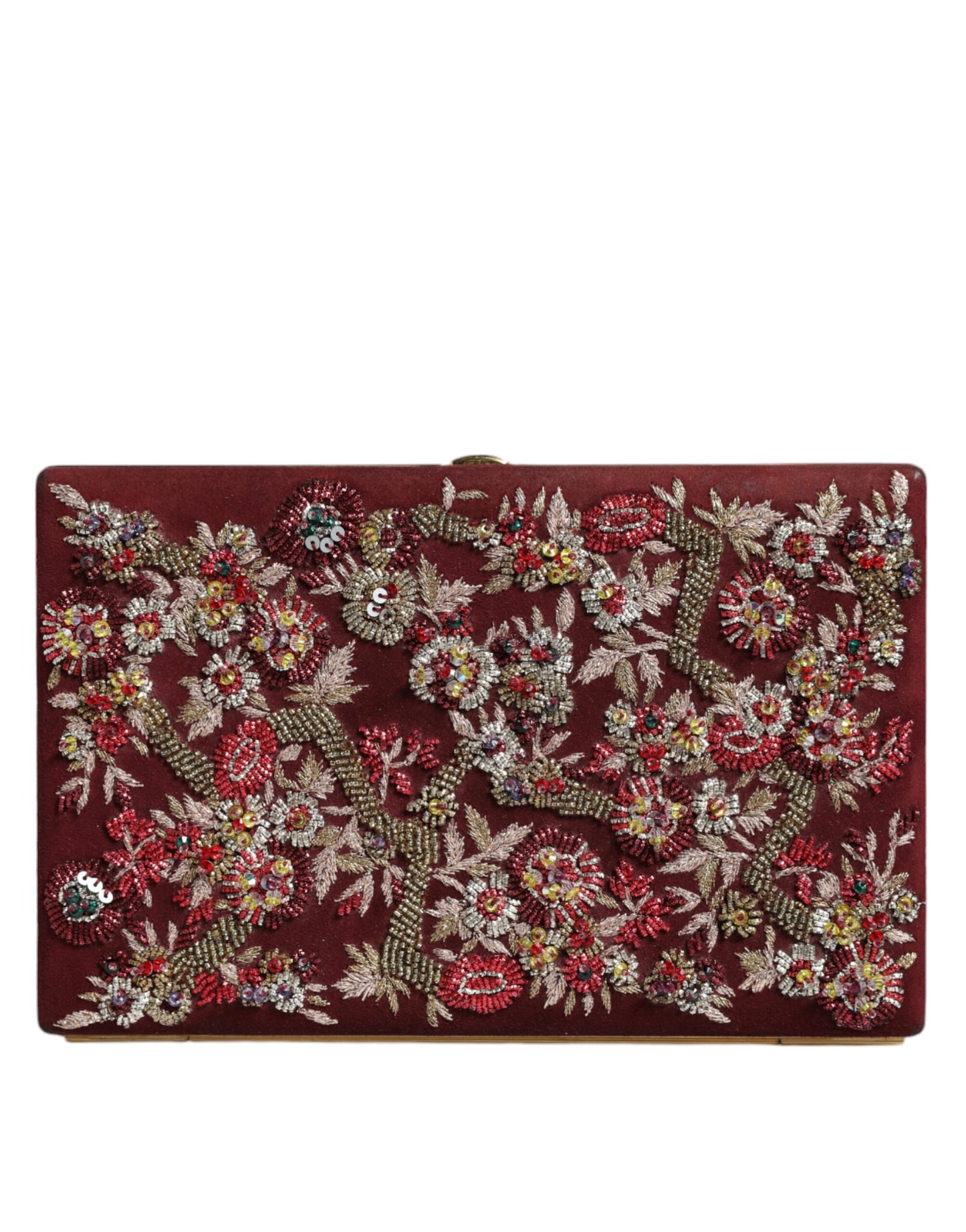 Dolce &amp; Gabbana – Bordeauxfarbene Clutch-Abendtasche aus Samt mit Goldrahmen