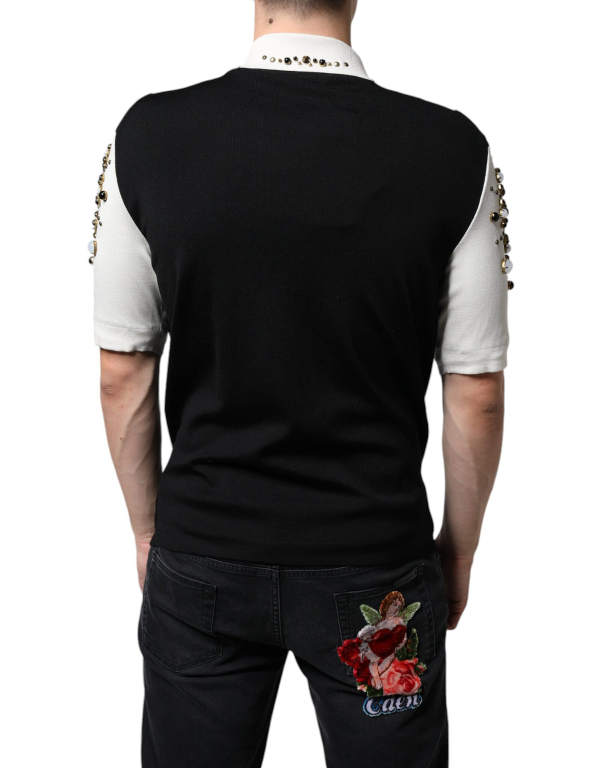 Dolce &amp; Gabbana – Weißes, schwarzes Seidenhemd mit Stein- und Kristallbesatz