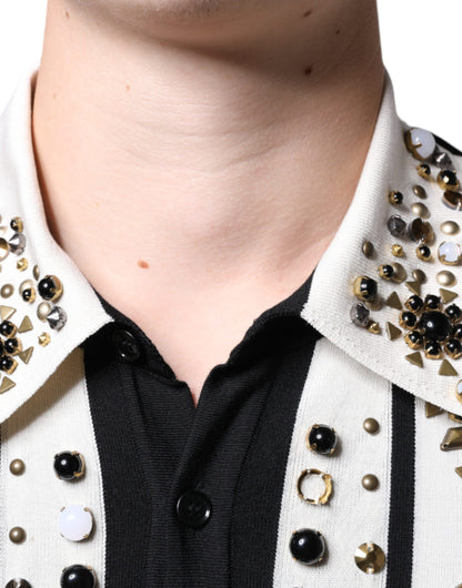 Dolce &amp; Gabbana – Weißes, schwarzes Seidenhemd mit Stein- und Kristallbesatz