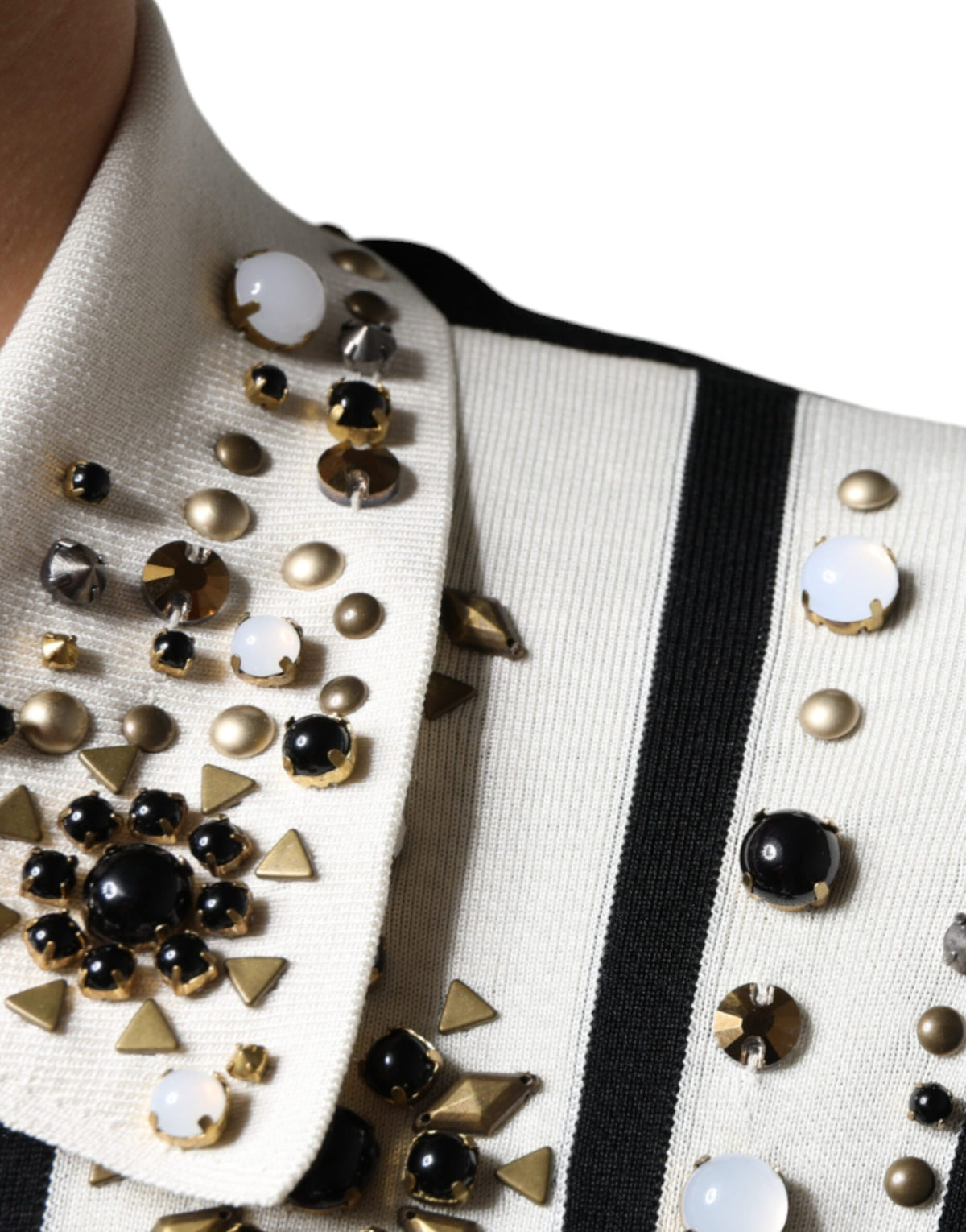 Dolce &amp; Gabbana – Weißes, schwarzes Seidenhemd mit Stein- und Kristallbesatz