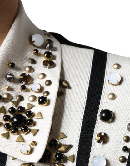 Dolce &amp; Gabbana – Weißes, schwarzes Seidenhemd mit Stein- und Kristallbesatz