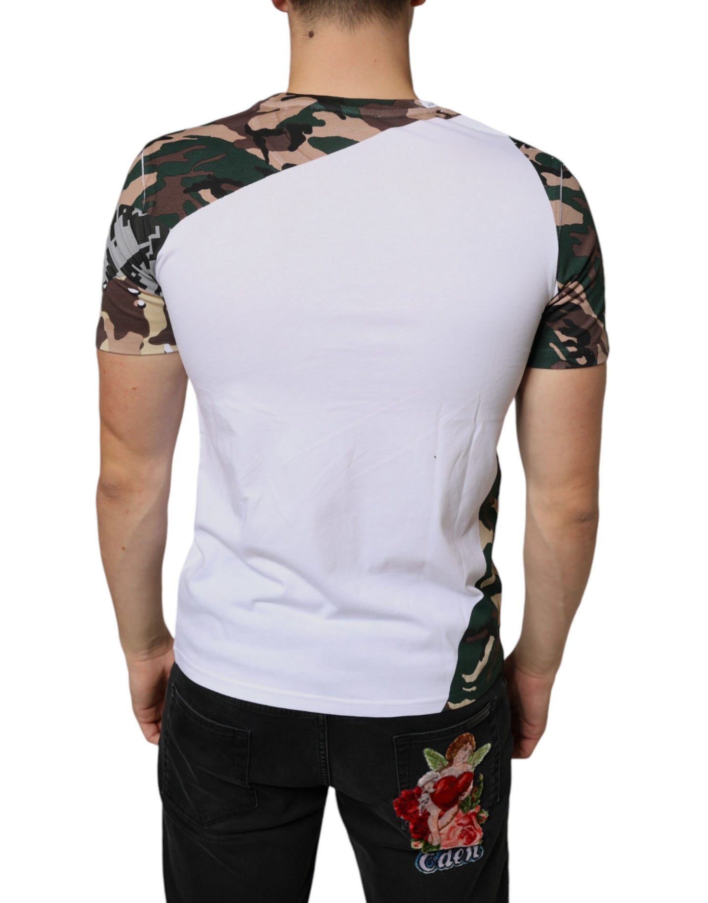 Dolce &amp; Gabbana – Weißes T-Shirt mit Rundhalsausschnitt und Camouflage-Sternen