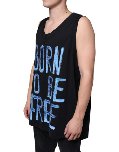 Dolce &amp; Gabbana Schwarzes ärmelloses T-Shirt „Born To Be Free“ aus Baumwolle