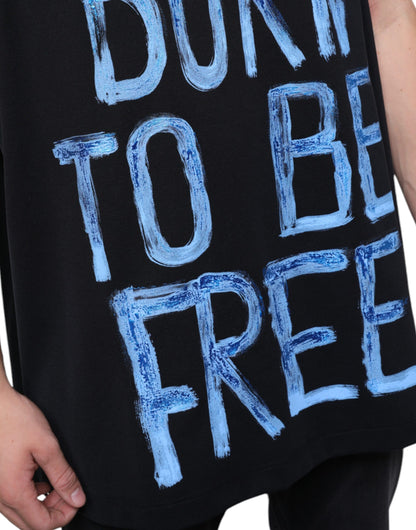 Dolce &amp; Gabbana Schwarzes ärmelloses T-Shirt „Born To Be Free“ aus Baumwolle