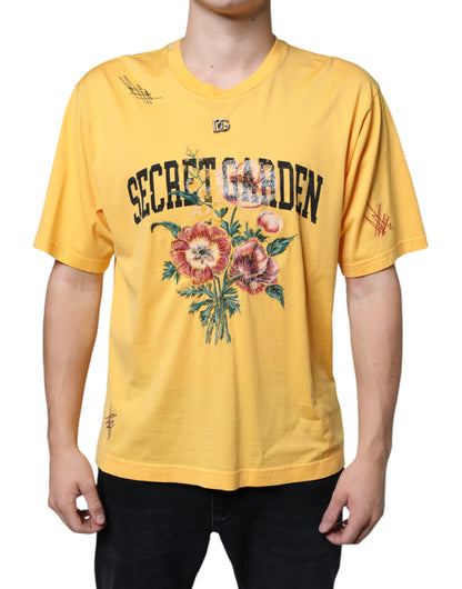 Dolce &amp; Gabbana Gelbes T-Shirt mit Rundhalsausschnitt aus geblümter Baumwolle „Secret Graden“