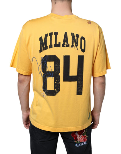 Dolce &amp; Gabbana Gelbes T-Shirt mit Rundhalsausschnitt aus geblümter Baumwolle „Secret Graden“