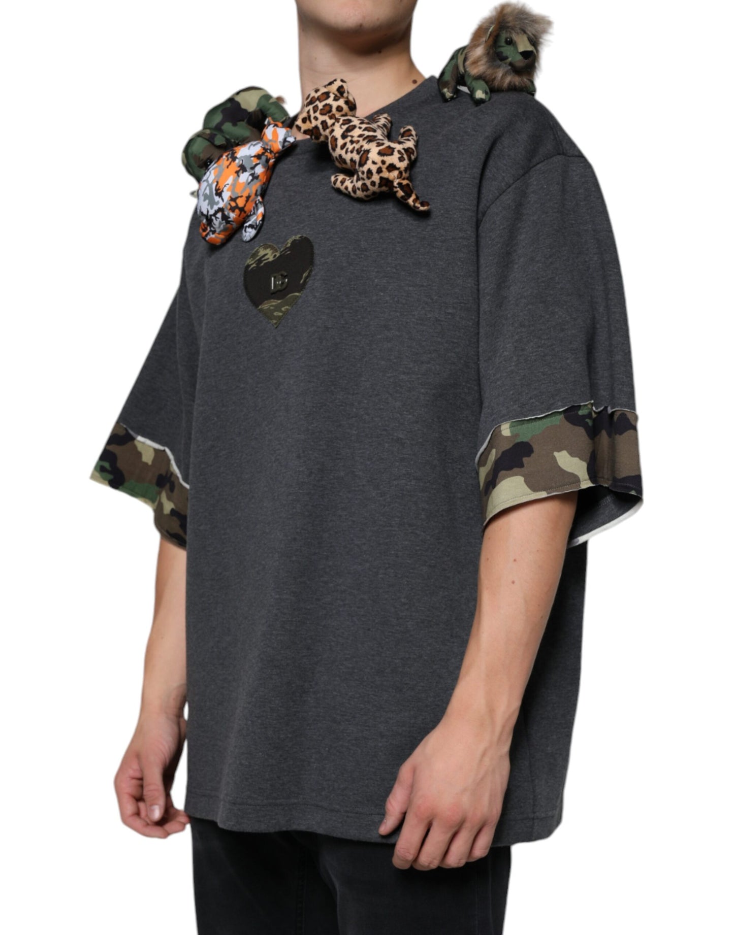 Dolce &amp; Gabbana Graues Camouflage-T-Shirt aus Baumwolle mit Tiermotiv