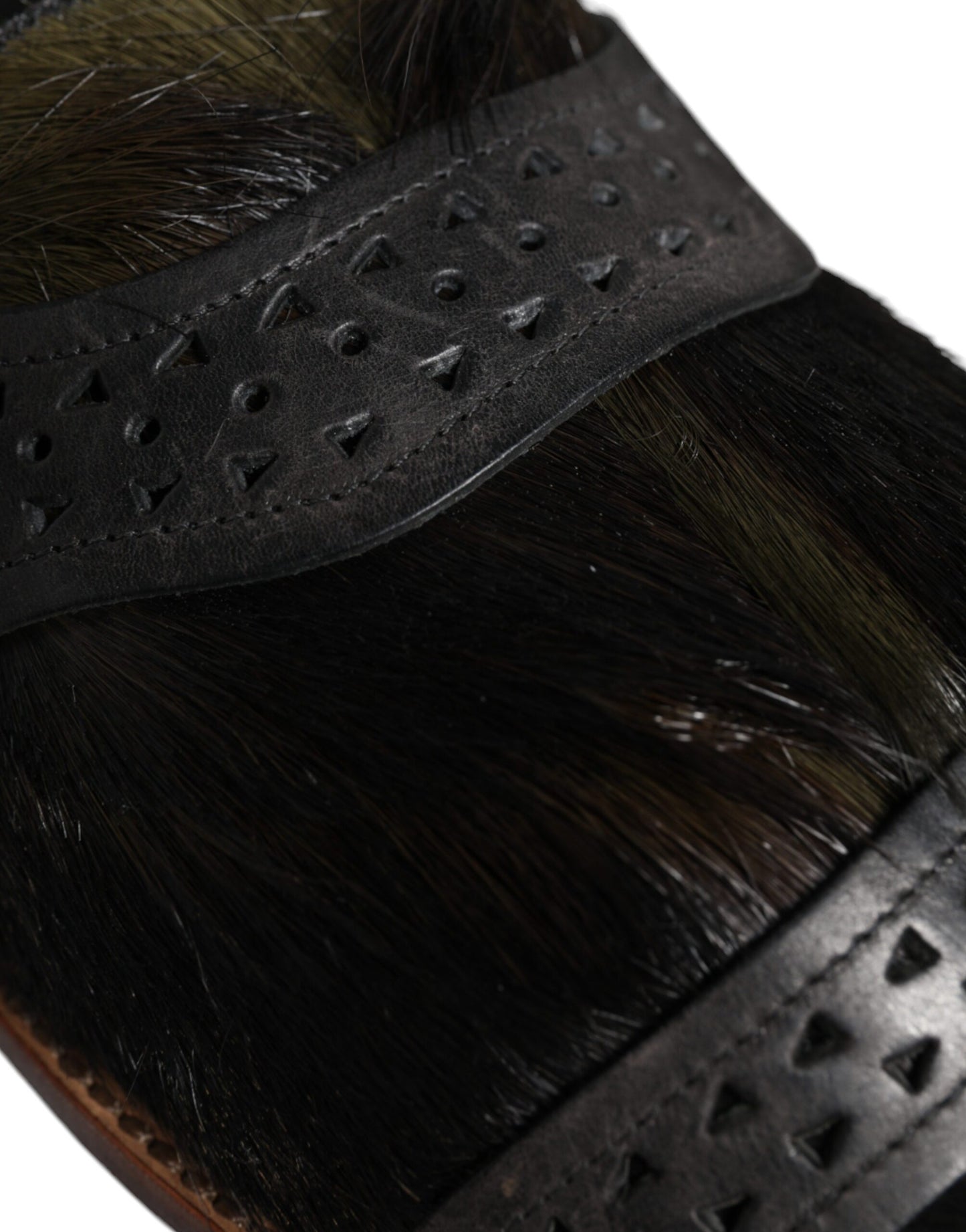 Dolce &amp; Gabbana Schwarze Gazelle Hair Leder Flats Sandalen Schuhe