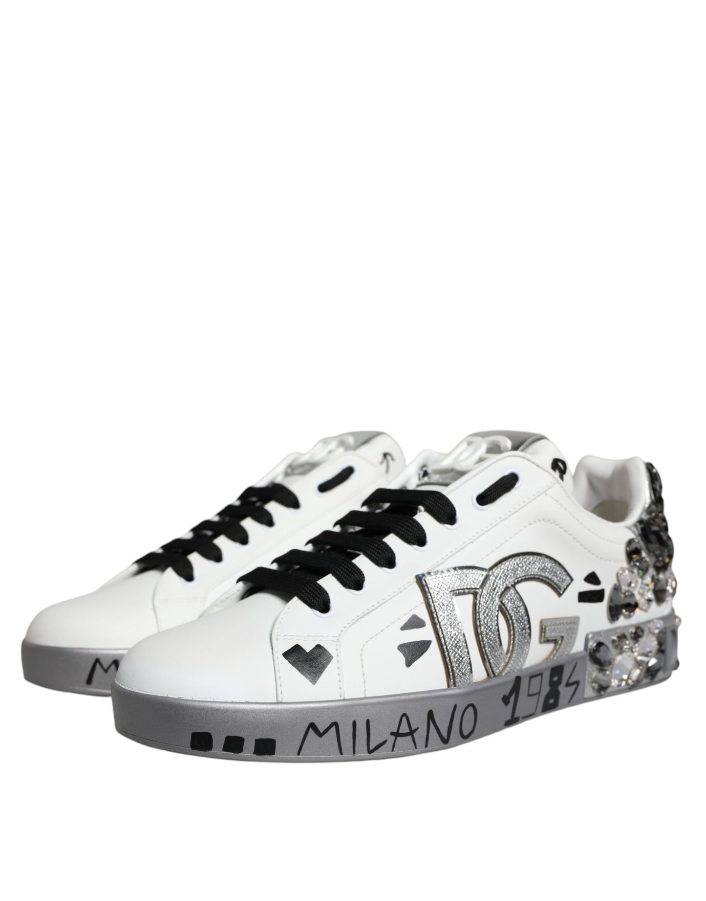 Dolce &amp; Gabbana – Portofino-Sneakers mit Kristall-Logo in Weiß und Silber