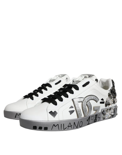 Dolce &amp; Gabbana – Portofino-Sneakers mit Kristall-Logo in Weiß und Silber