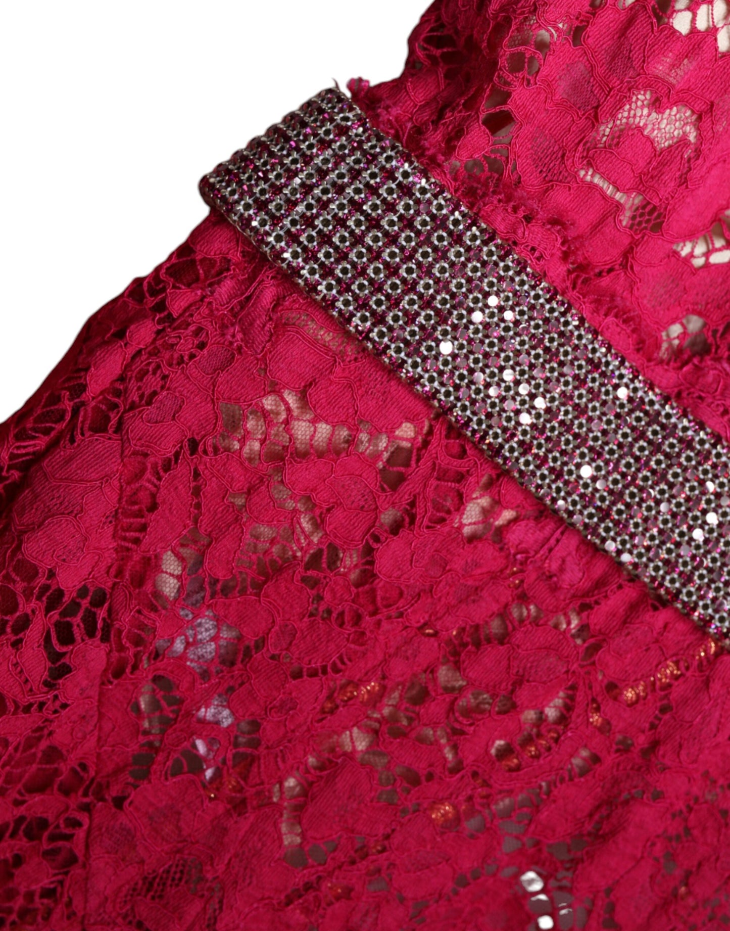 Dolce &amp; Gabbana – Langes Etuikleid aus rosa Spitze mit Kristallen