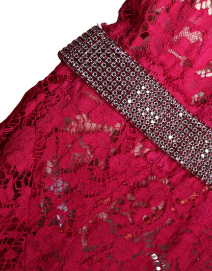 Dolce &amp; Gabbana – Langes Etuikleid aus rosa Spitze mit Kristallen