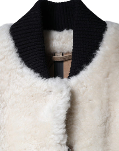 سترة معطف من الجلد من Burberry White WARRENFORD Shearling