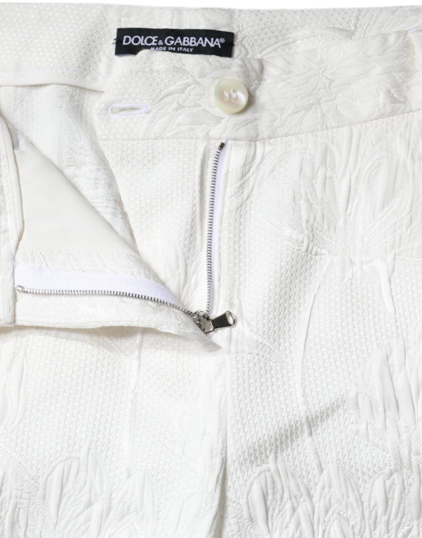 Dolce &amp; Gabbana – Weiße, kurze Hose aus Baumwollbrokat mit Blumenmuster