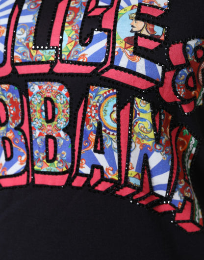 تي شيرت دولتشي آند غابانا أسود من القطن بطبعة شعار ورقبة دائرية