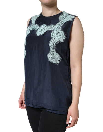 Dolce &amp; Gabbana, blaues, ärmelloses Seiden-Tanktop mit Blumenspitze