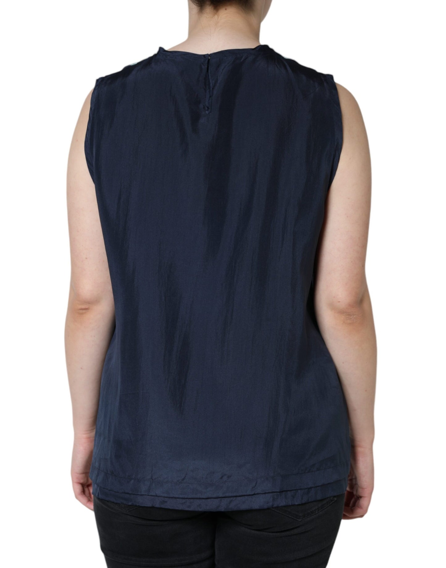 Dolce &amp; Gabbana, blaues, ärmelloses Seiden-Tanktop mit Blumenspitze