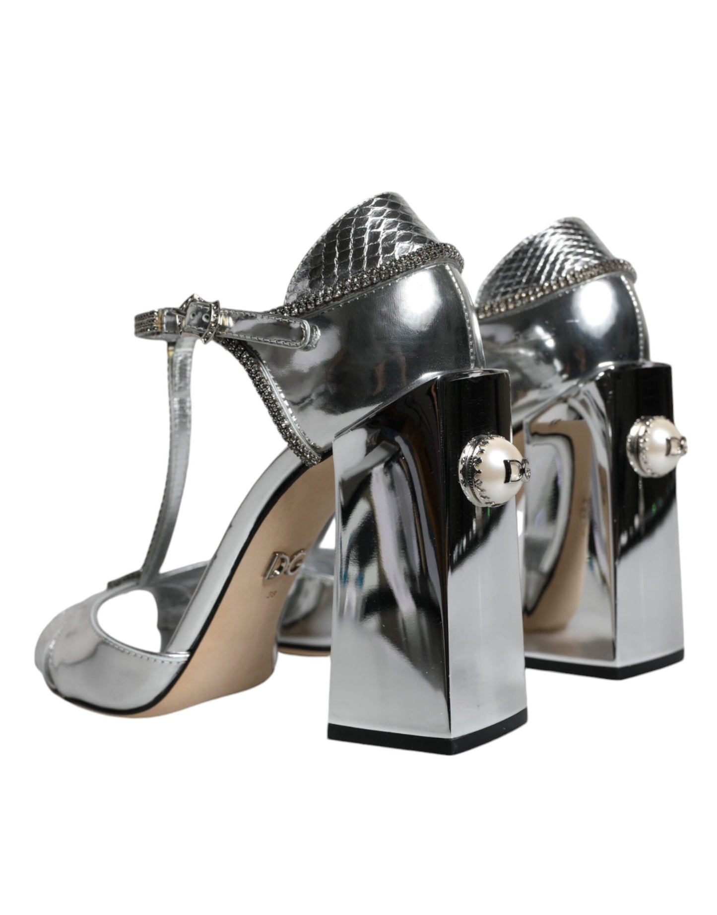 Dolce &amp; Gabbana Silber Leder T-Riemen Heels Sandalen Schuhe